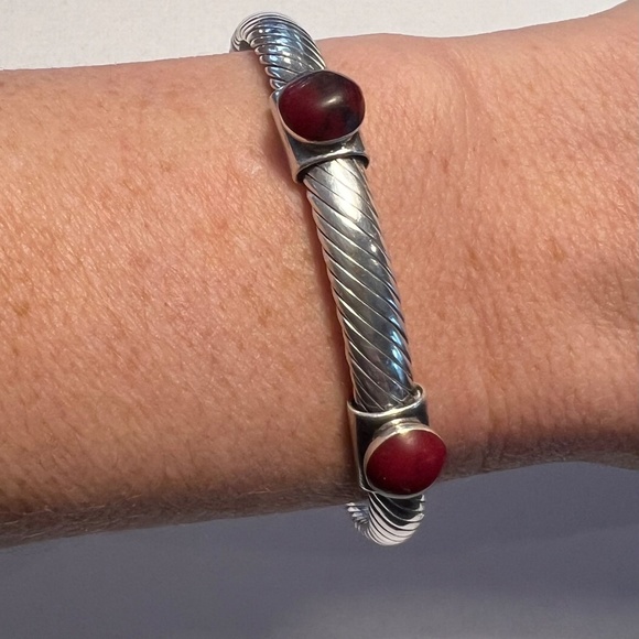 Funky Sterling and Red Stone Cuff Bracelet - Picture 4 of 6